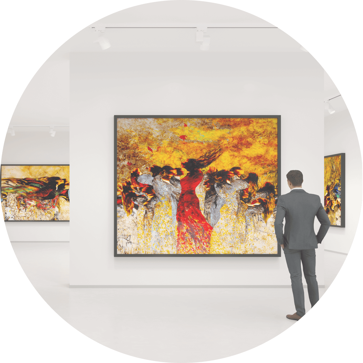 Man looking at a painting in at an art gallery opening event. Collaborate with a Specialist Events Production team who will create a successful Hybrid event combining Live Event Production with Virtual Event Management: CODA Communications